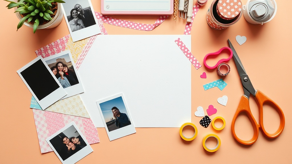 Colorful scrapbook craft desk with paper layers and photos